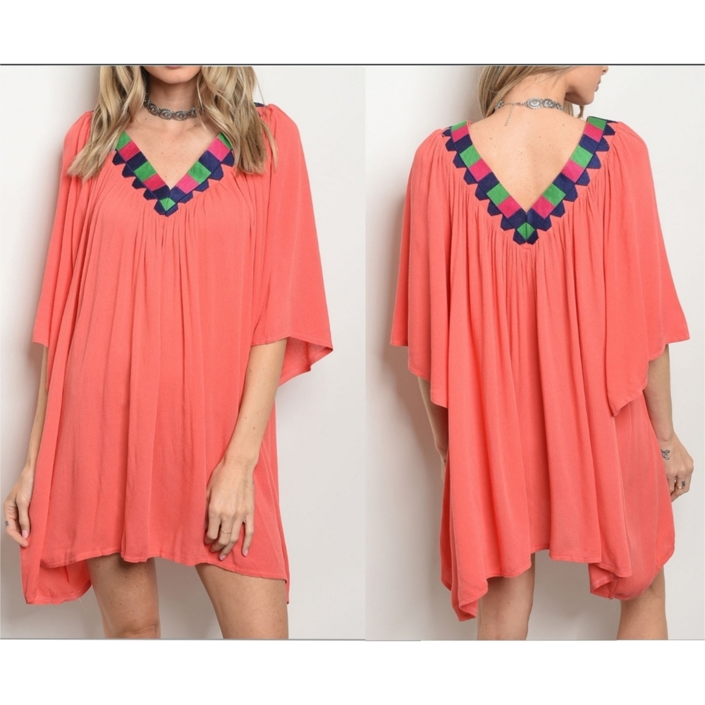 13 boho coral aztec print double v-neck pullover kimono sleeve mini dress